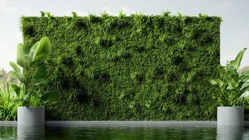 A green wall with plants in pots next to a pool photo