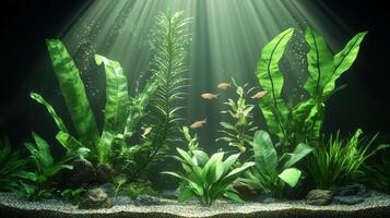 Aquarium with plants and fish on a dark background photo