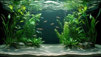 Aquarium with plants and fish on a black background photo