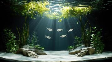 An aquarium with fish and plants in the water photo