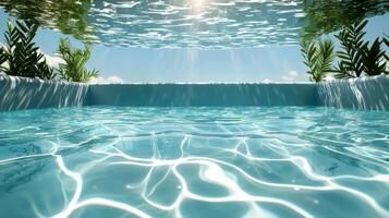 A pool with water and plants under the sun photo