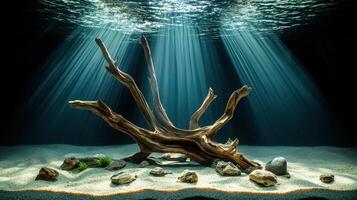 An underwater scene with a tree branch and rocks photo