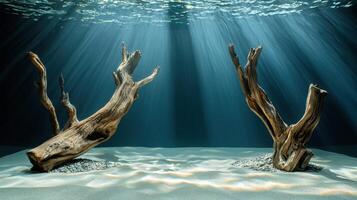 Two trees in the ocean with sunlight shining through photo