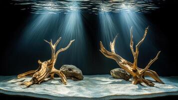 Two trees in an aquarium with sunlight shining through photo
