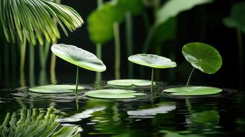 Three green leaves floating on water with leaves in the background photo
