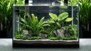 A small aquarium with plants and rocks photo