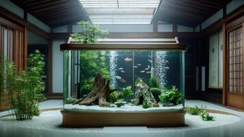 A fish tank in a room with plants and water photo