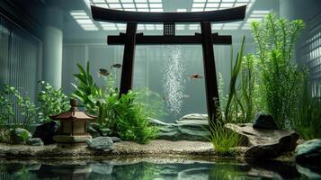 A japanese style garden with a torii gate photo