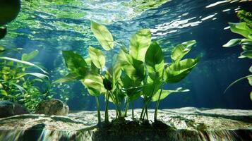 A plant growing in the water with sunlight shining through photo