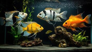 Four fish in an aquarium with water and plants photo