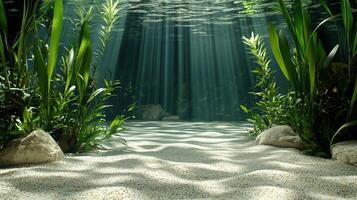 A pathway under water with plants and rocks photo