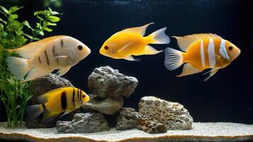 Three yellow and black fish in an aquarium photo