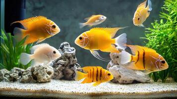 Fish in aquarium with plants and rocks photo