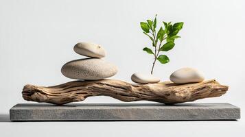 A small plant and some rocks sitting on a log photo
