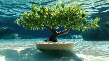 A bonsai tree in a pot under water photo