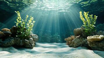 Underwater scene with coral reef and sunbeams photo