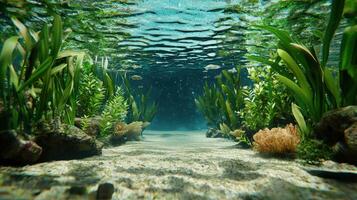 A view of an underwater tunnel with plants and water photo