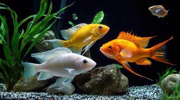 Three fish in an aquarium with plants and rocks photo