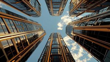 Tall buildings with windows and sky in the background photo