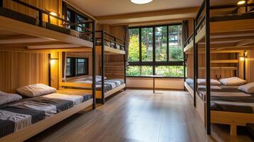 A bunk bed with a window and a desk photo