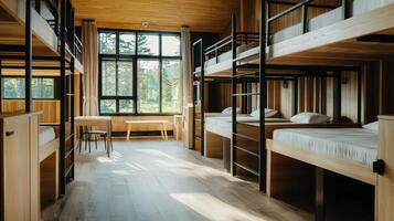 A bunk bed in a room with wooden floors photo