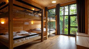 Bunk beds in a cabin with wooden walls and windows photo