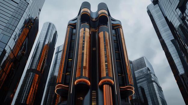 A futuristic building with orange lights on it photo