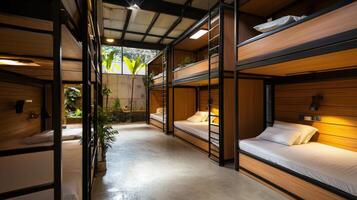 A bunk bed in a room with a plant photo