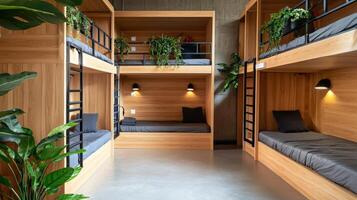 The bunk beds are made of wood and have plants photo