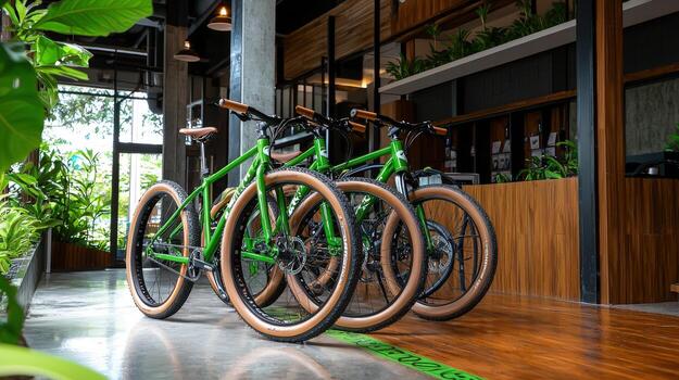Three green bicycles are parked in front of a building photo