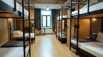 A bunk bed room with bunk beds and a window photo