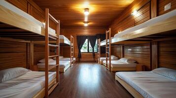 A bunk bed in a room with wooden walls and a wooden floor photo