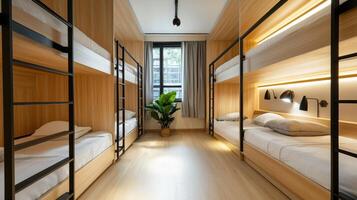 A bunk bed in a room with wooden walls photo
