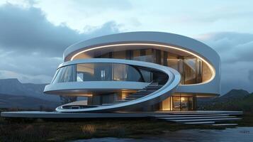 Modern house with spiral staircase and curved walls photo