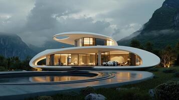 A futuristic house with a curved roof and a pool photo