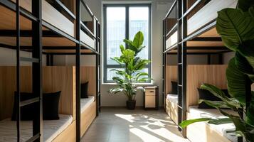 A bunk bed with plants and a window photo