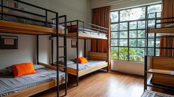 A bunk bed with orange pillows and a window photo