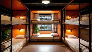 A bunk bed in an orange room with a window photo