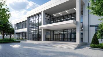 Modern office building with glass facade and landscaping photo