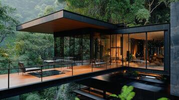 A modern house in the jungle with glass walls photo