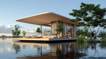 A floating house on the water with a tree photo