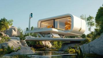 A futuristic house on a rock by a river photo