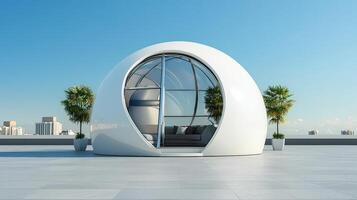 A futuristic pod with a couch and plants on the roof photo
