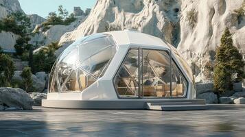 A futuristic dome tent on a rocky mountain photo