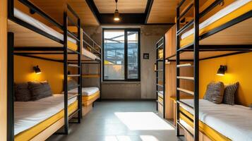 A bunk bed with yellow walls and black metal bars photo