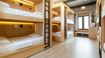 A bunk bed with white sheets and a wooden floor photo