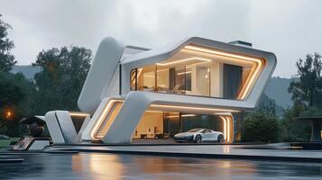 A futuristic house with a pool and a car photo