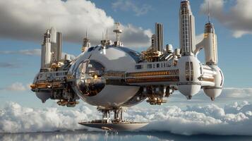 Futuristic space ship floating in the sky photo