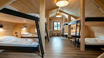 A bunk bed in a wooden cabin with a ladder photo