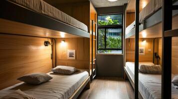 A bunk bed with two beds and a window photo